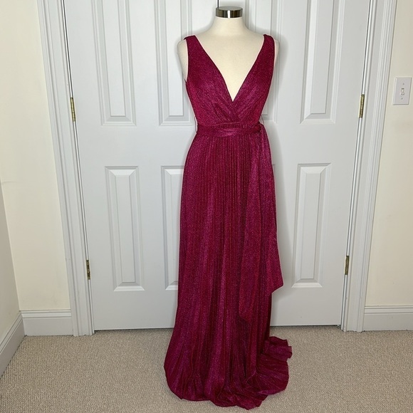 Maniju Magenta Sparkle V Neck Pleated Maxi Dress SzMedium - Picture 2 of 8